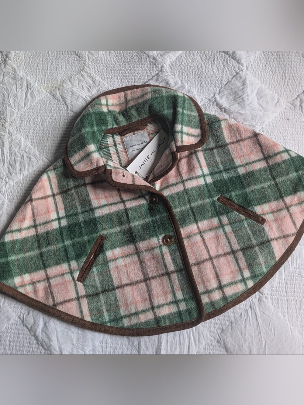 NWT...Janie and Jack Infant Smoke Pine Plaid Fleece Cape Size 6-12 Months